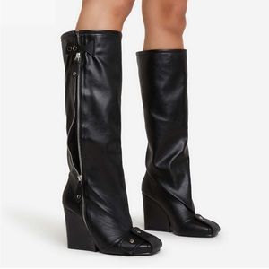 Buckle wedge heel knee high long boot